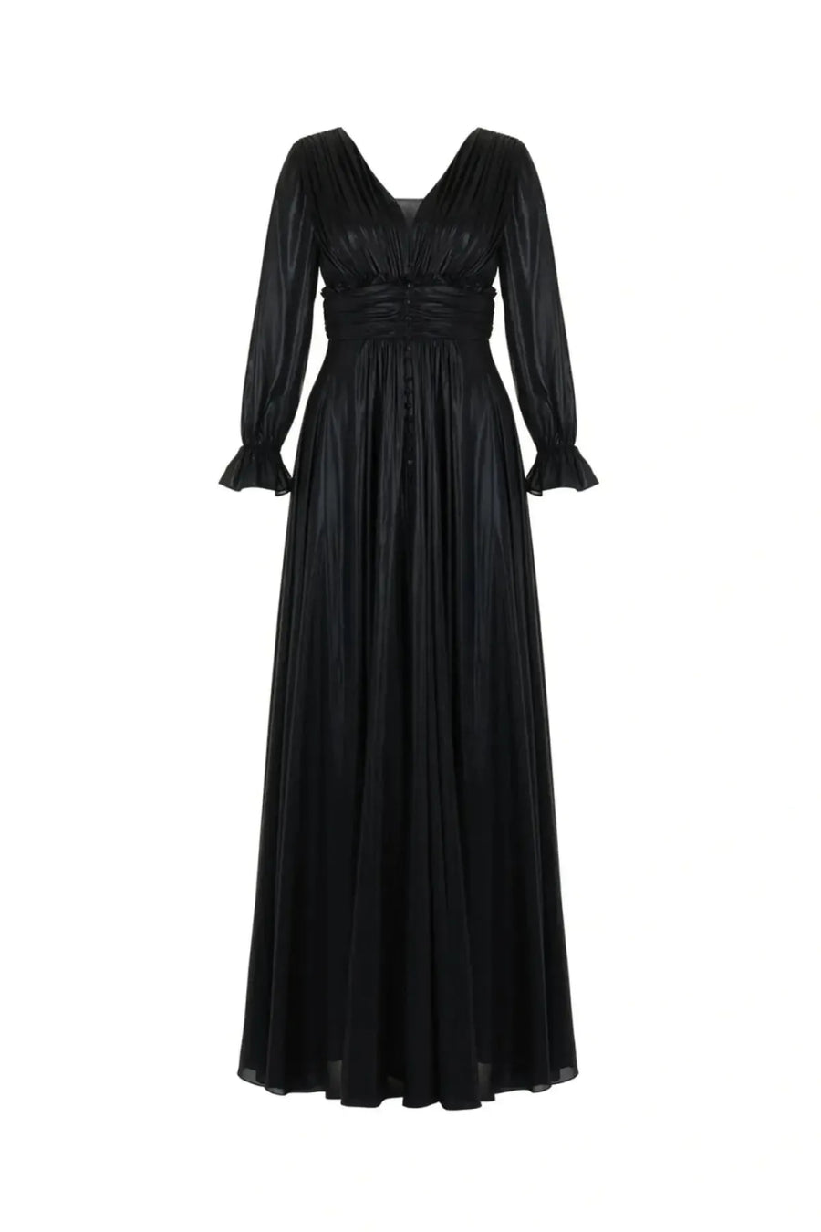 V-Neck Ruched Long Dress - Black - S - Dresses