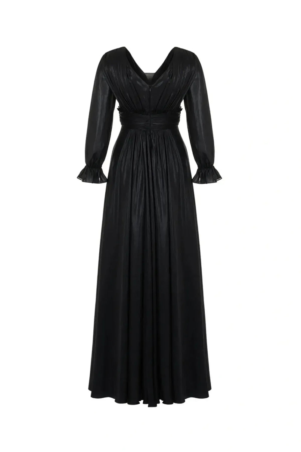 V-Neck Ruched Long Dress - Black - S - Dresses
