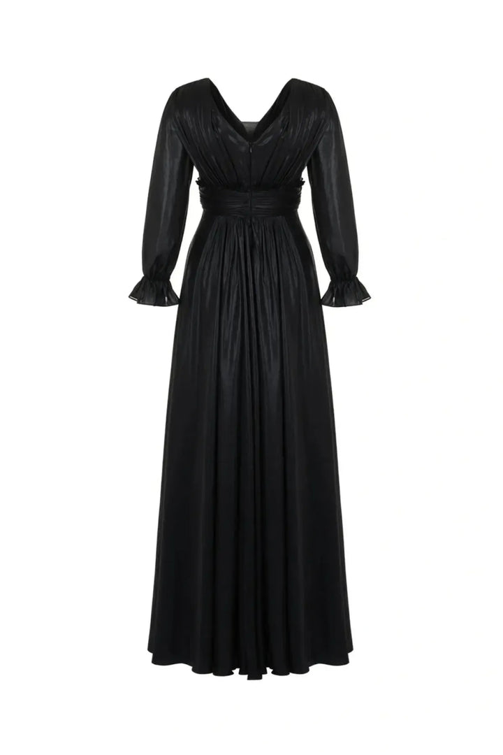 V-Neck Ruched Long Dress - Black - S - Dresses
