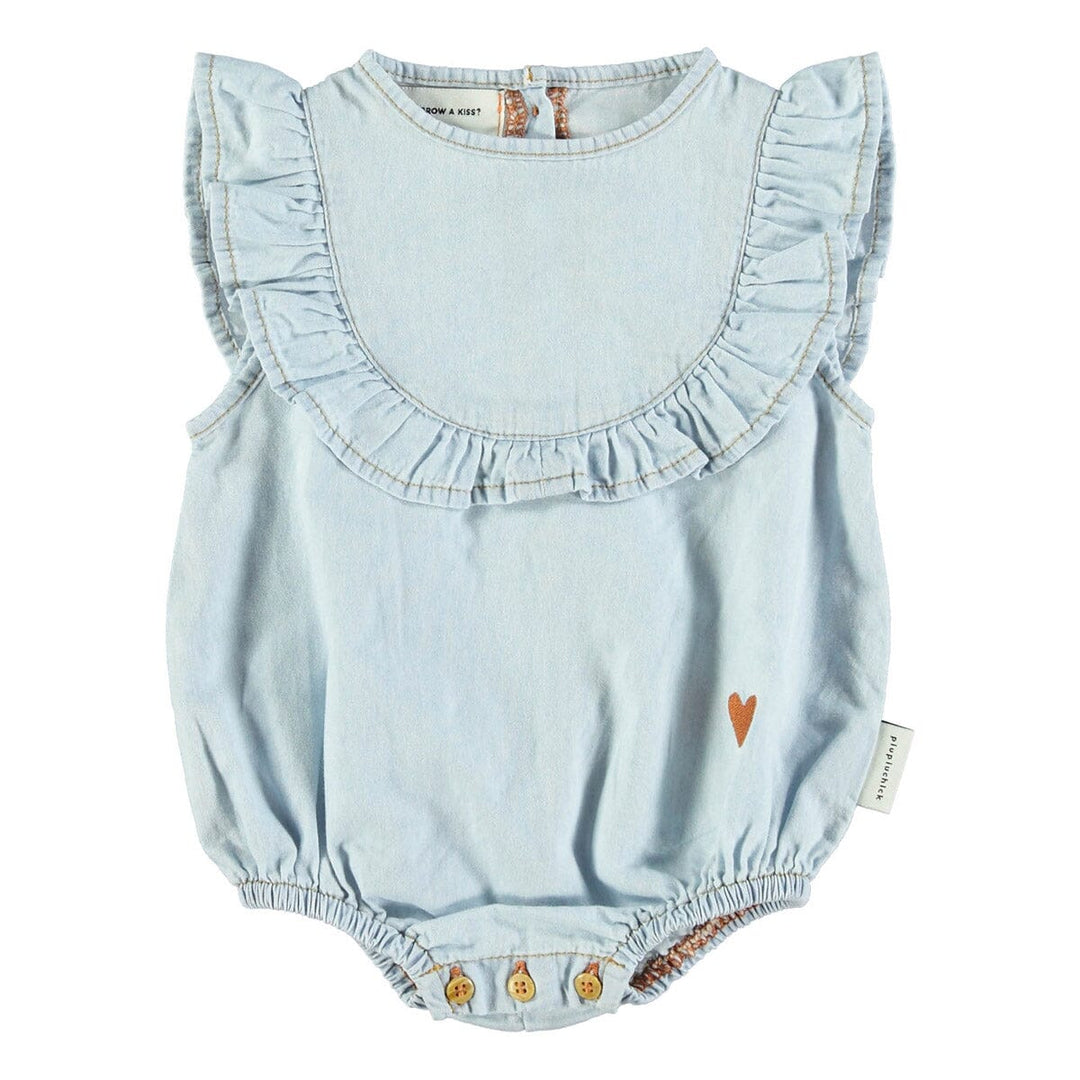 Baby Sleeveless Romper w/ Frills Chest - Light Blue Washed Denim