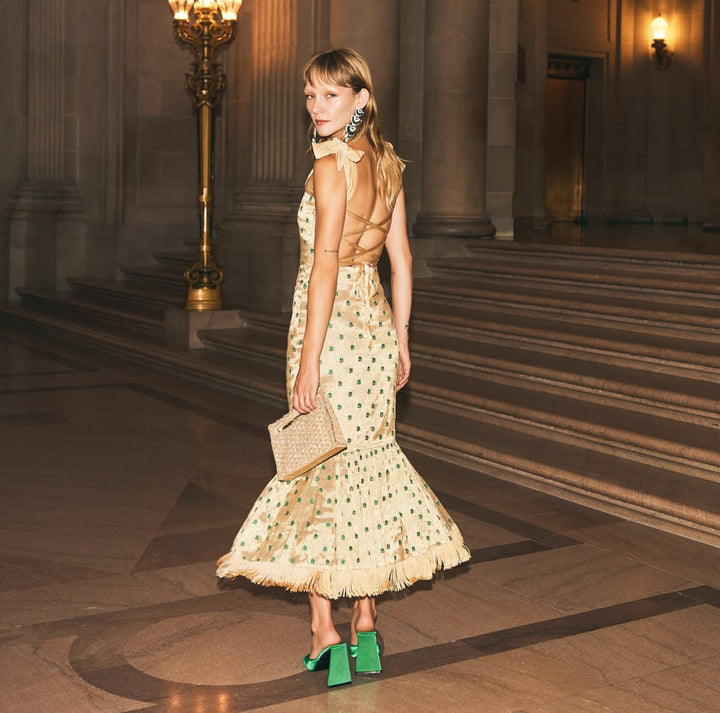 Desirae Embroidered Fringe Midi Dress - Gold with Mini geometric floral embroidery