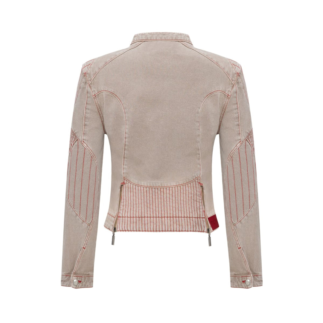 Pure Cotton Faded Motorcycle Denim Jacket - Moon Rock