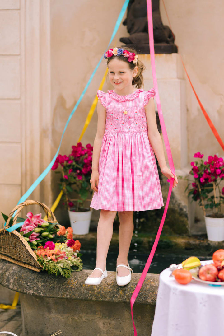 Tulip Pink Gingham Frilled Cap Sleeve Smocked Dress - Floral/Checkered