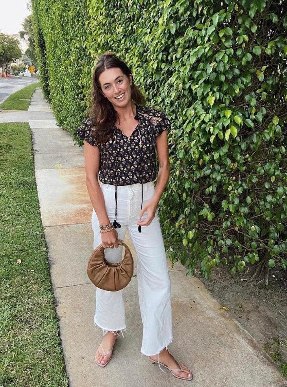Varina Top - Black with Gold Flowers - Shirt