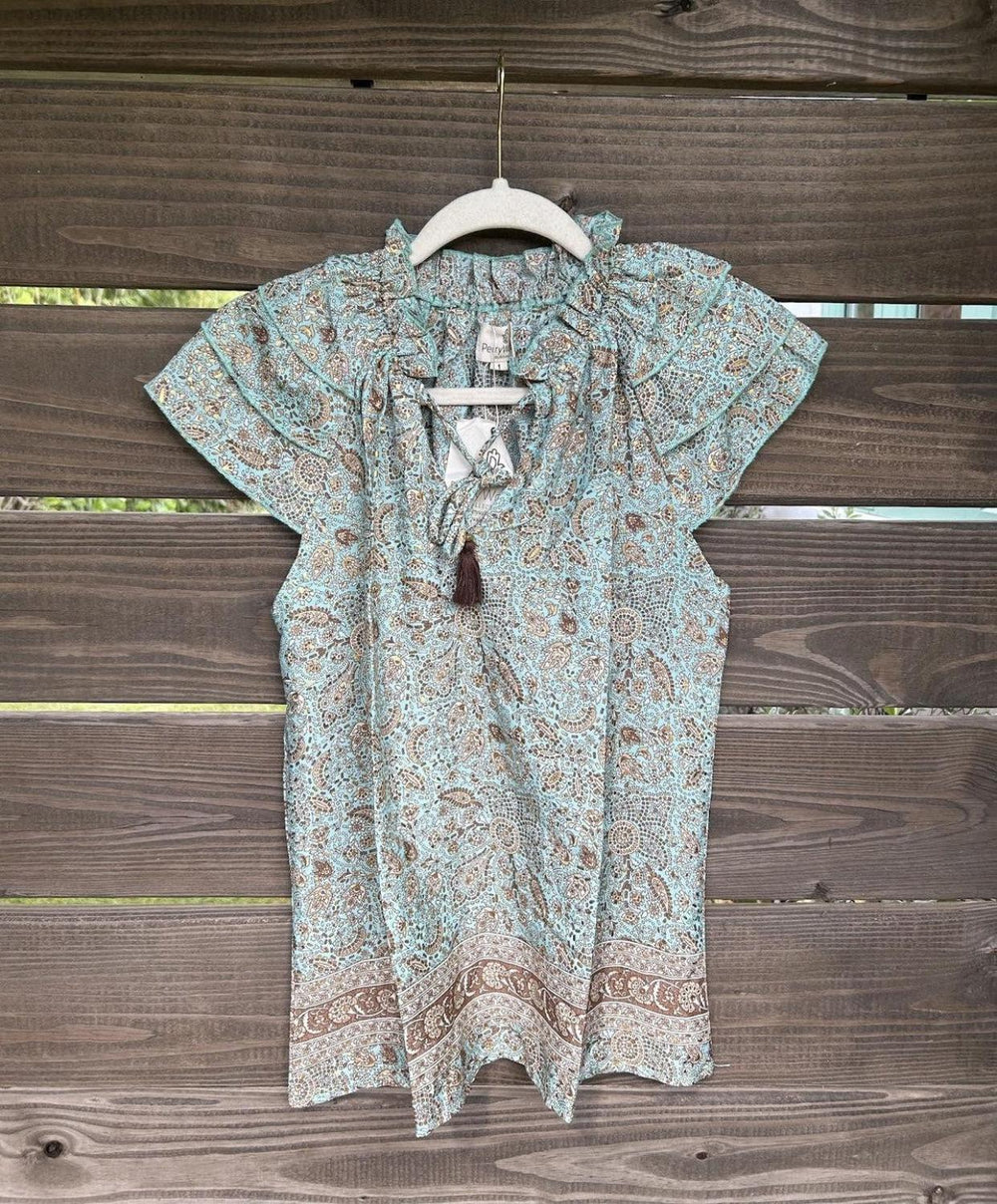 Varina Top - Turquoise and Tan - Blouse
