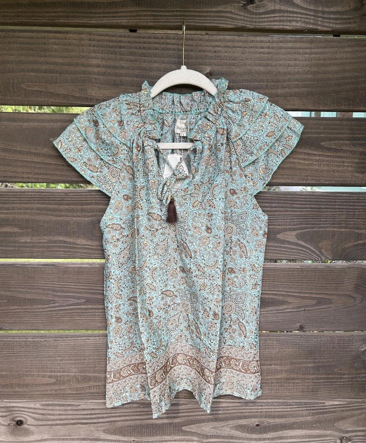 Varina Top - Turquoise and Tan - Blouse
