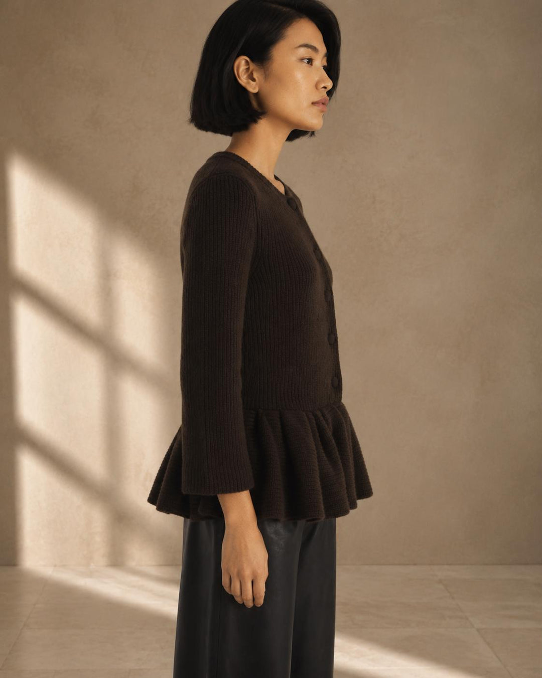 Peplum Cashmere Cardigan - Chocolate