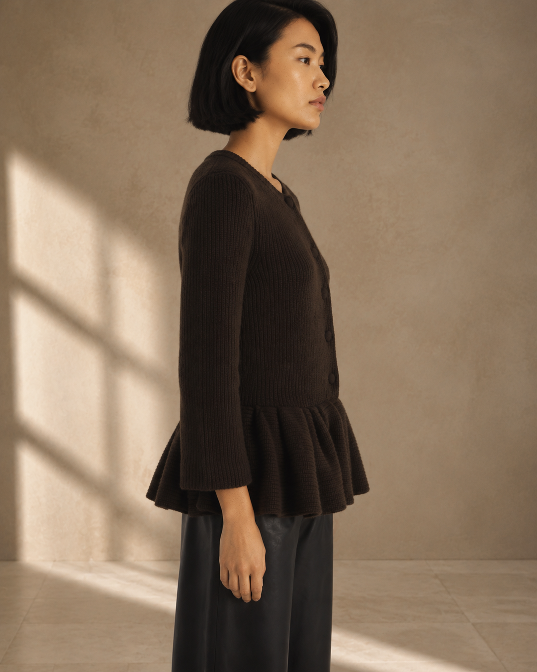 Peplum Cashmere Cardigan - Chocolate