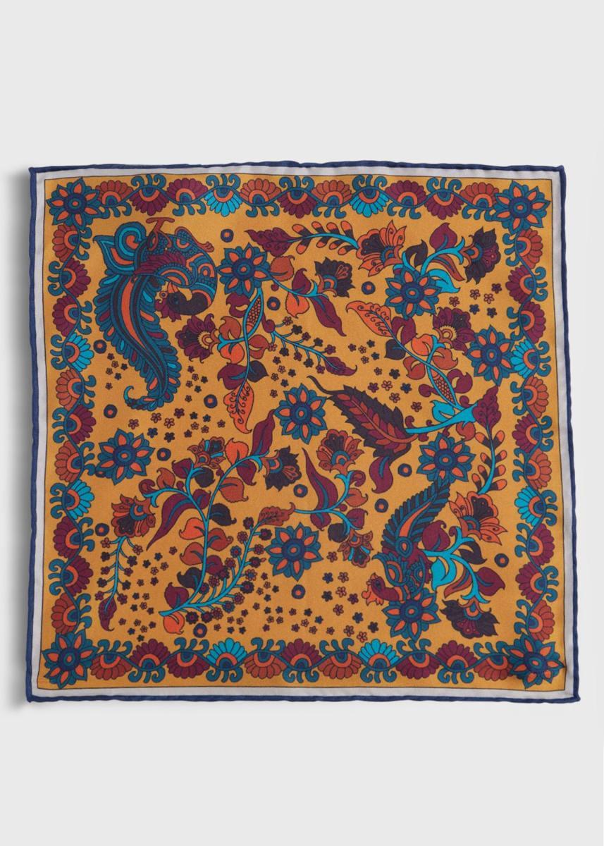 Silk Deco Stripe And Bird Print Pocket Square - Gold