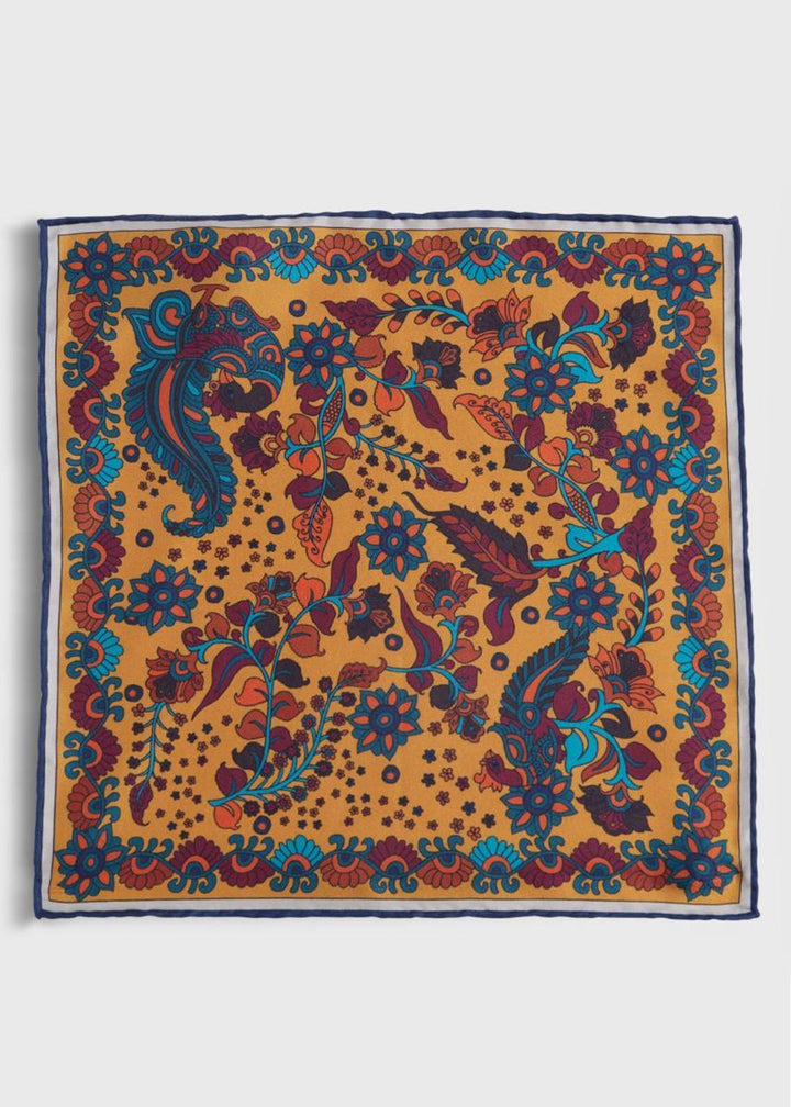 Silk Deco Stripe And Bird Print Pocket Square - Gold
