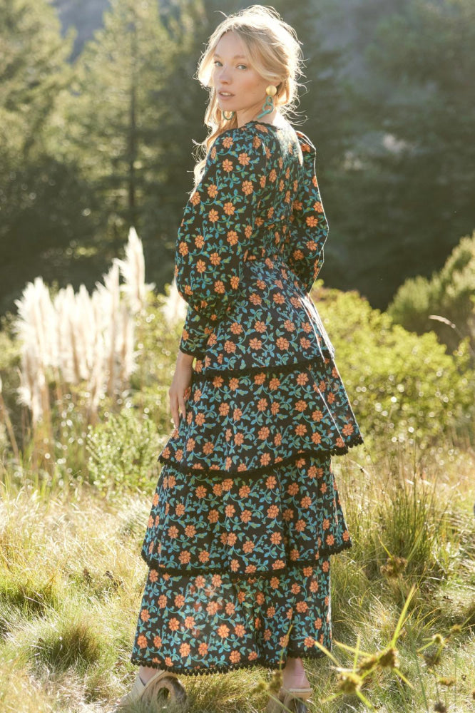 Victoria Embroidered Top - Faded Black/Bright Clementine & Moss Floral - FINAL SALE - Blouse
