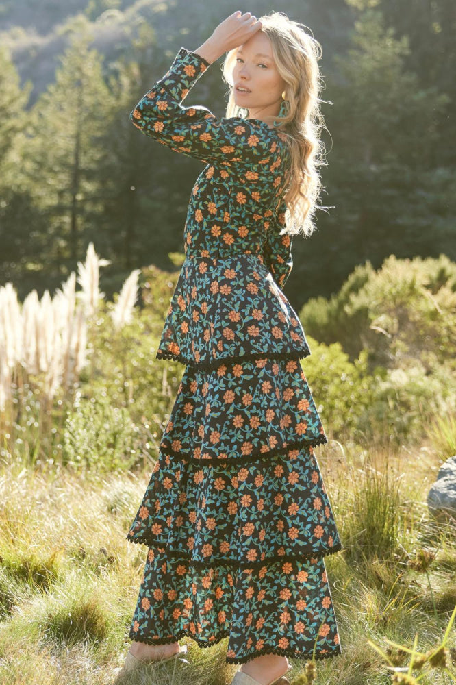 Victoria Embroidered Top - Faded Black/Bright Clementine & Moss Floral - FINAL SALE - Blouse