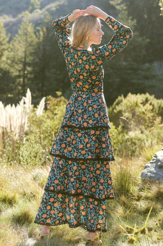 Victoria Embroidered Top - Faded Black/Bright Clementine & Moss Floral - FINAL SALE - Blouse