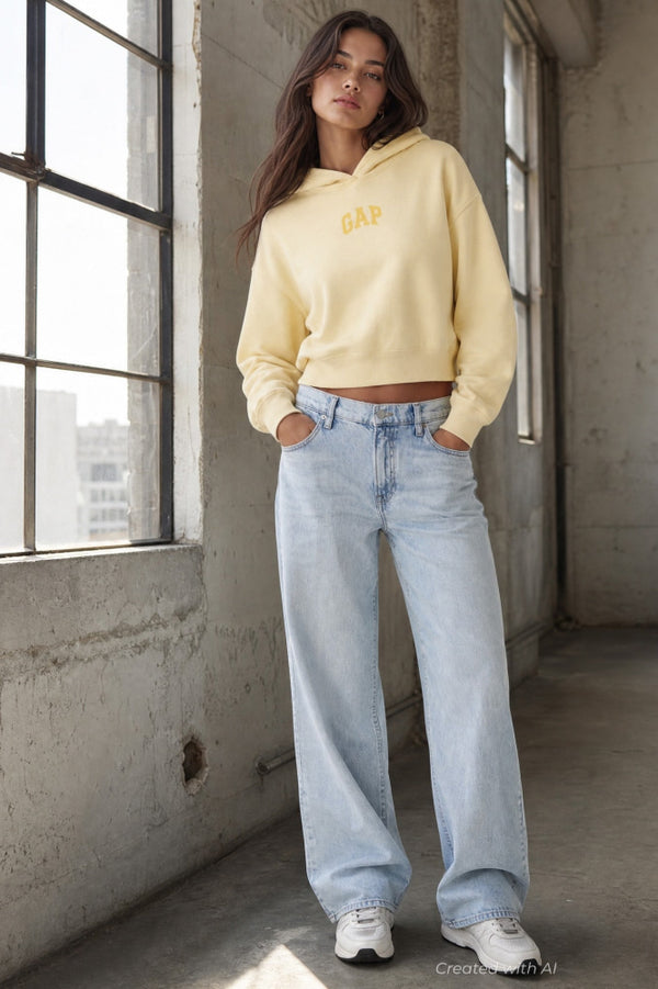 VintageSoft Oversized Crop Logo Hoodie - Yellow - Sweatshirt