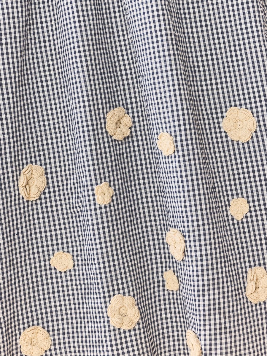 Katherine Dress x Rainey Collaboration - Navy Gingham with Cream Crochet Appliqué