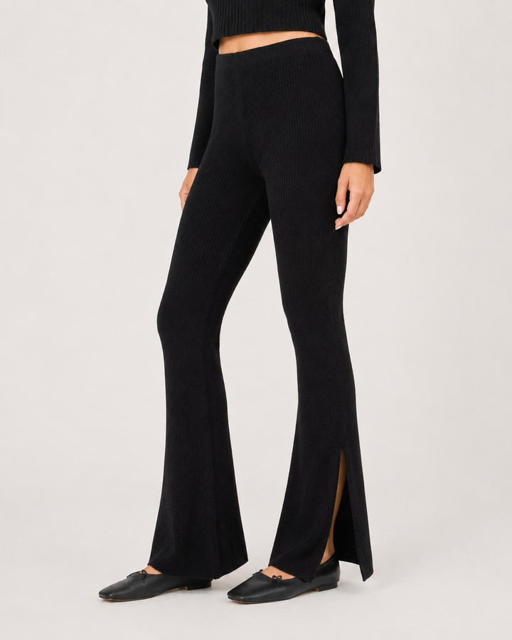Ribbed Textured Flare Pants With Slits - Black