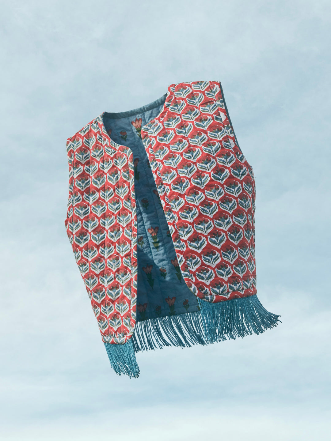 Ashlee Reversible Quilted Fringe Vest - French Blue/Punch Blossom Floral & Carmine/Crimson Floral