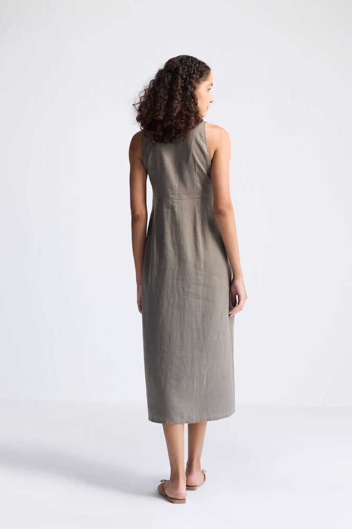 Straight Dress With Front Slit In Hemp - Dark Green