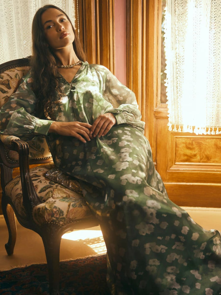 Caroline Dress - Green Blurry Magnolia