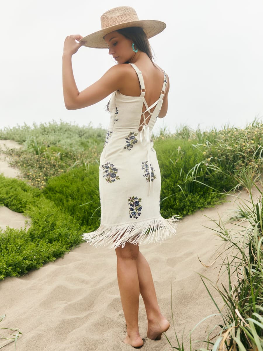 Avery Mini Dress - Oatmeal Bluesy Beaded Floral