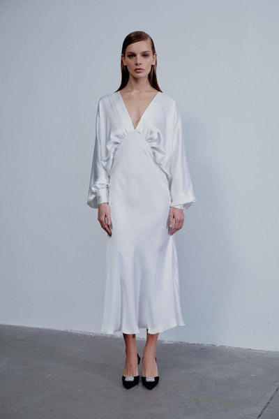 Mila V Neck Satin Dress - Blanche
