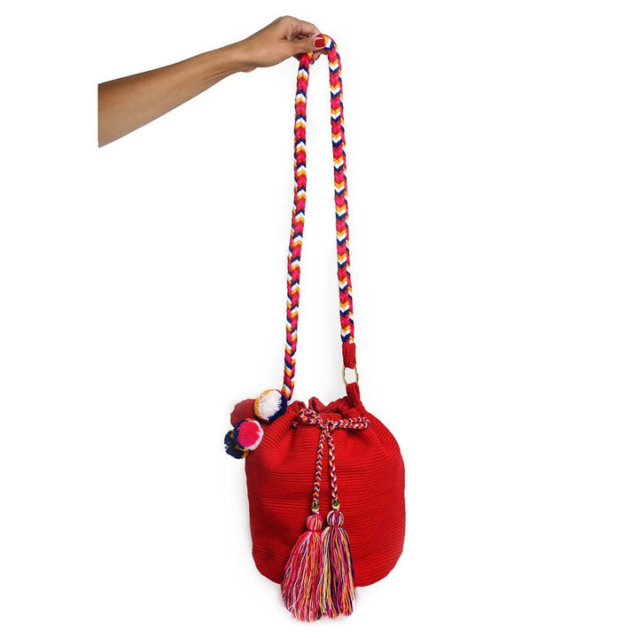 Rainbow Woven Mochila Bucket Bag - Red