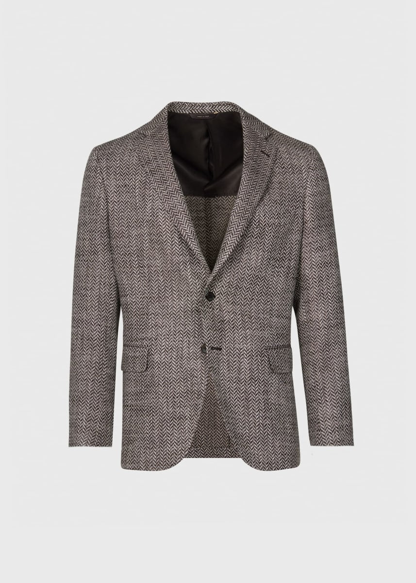 Silk & Linen Herringbone Jacket - Brown
