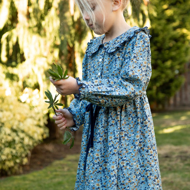 Girls Adelaide Velvet Tie Dress - Blue And Mustard Wildflowers