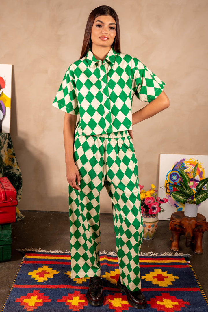 Hand Printed 'Seema' Pants - Green And Beige Rhombus
