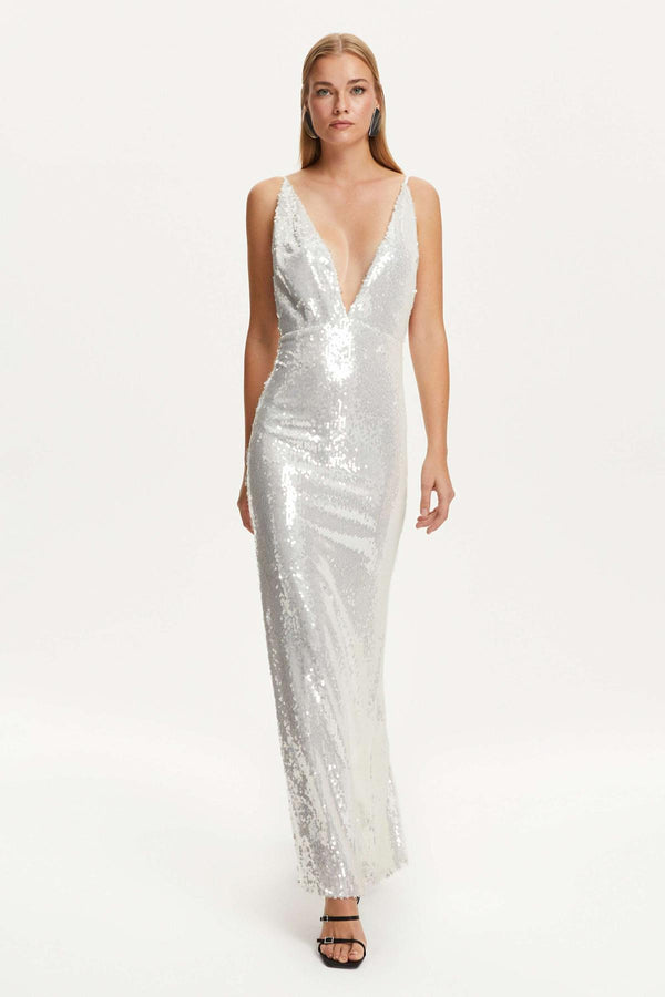 Sequined Thin Strap Long Dress - off-white