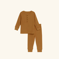 Golden Brown Henley Waffle Pajama Set