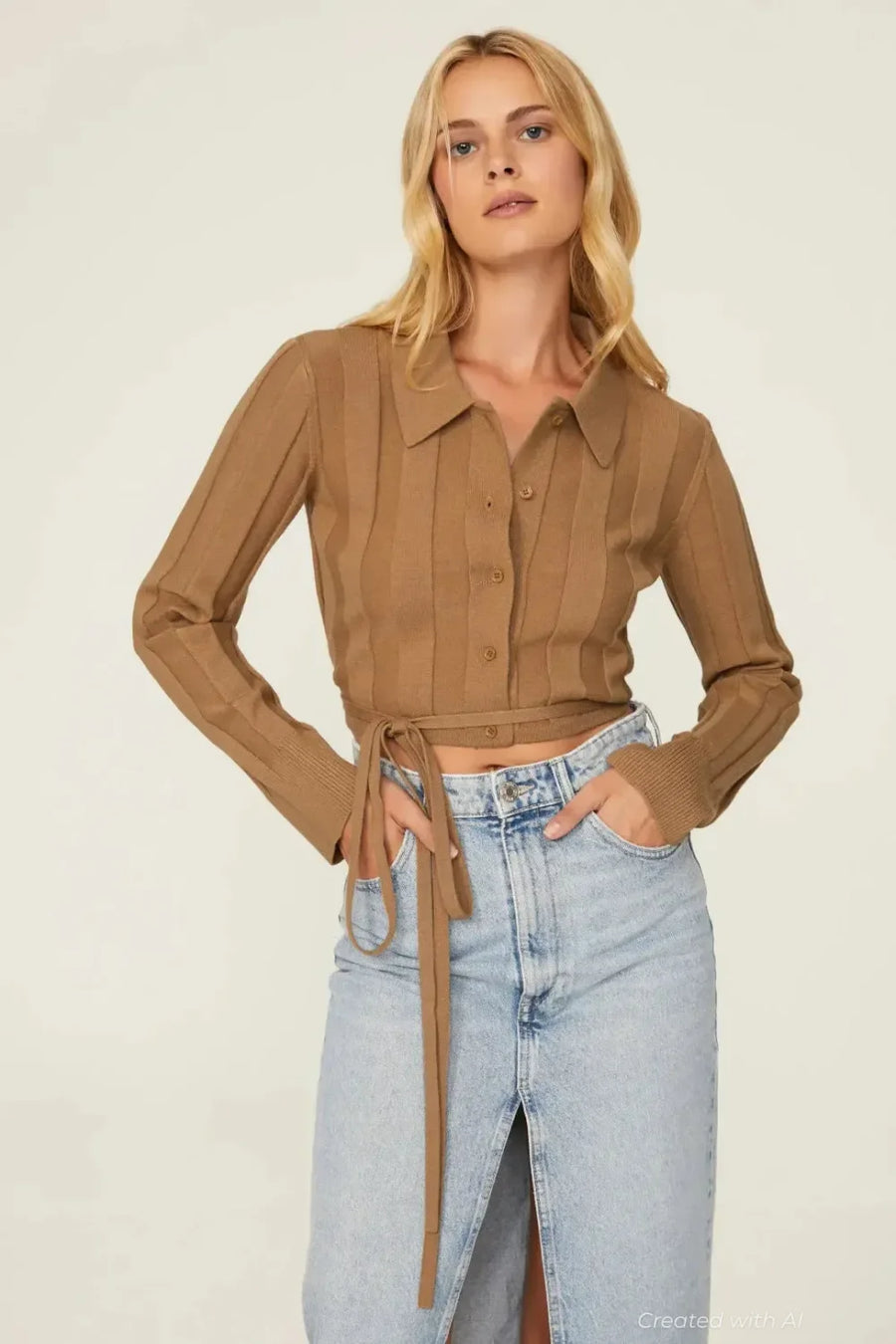 Waist Tie Button Up Sweater - Tan - Sweater