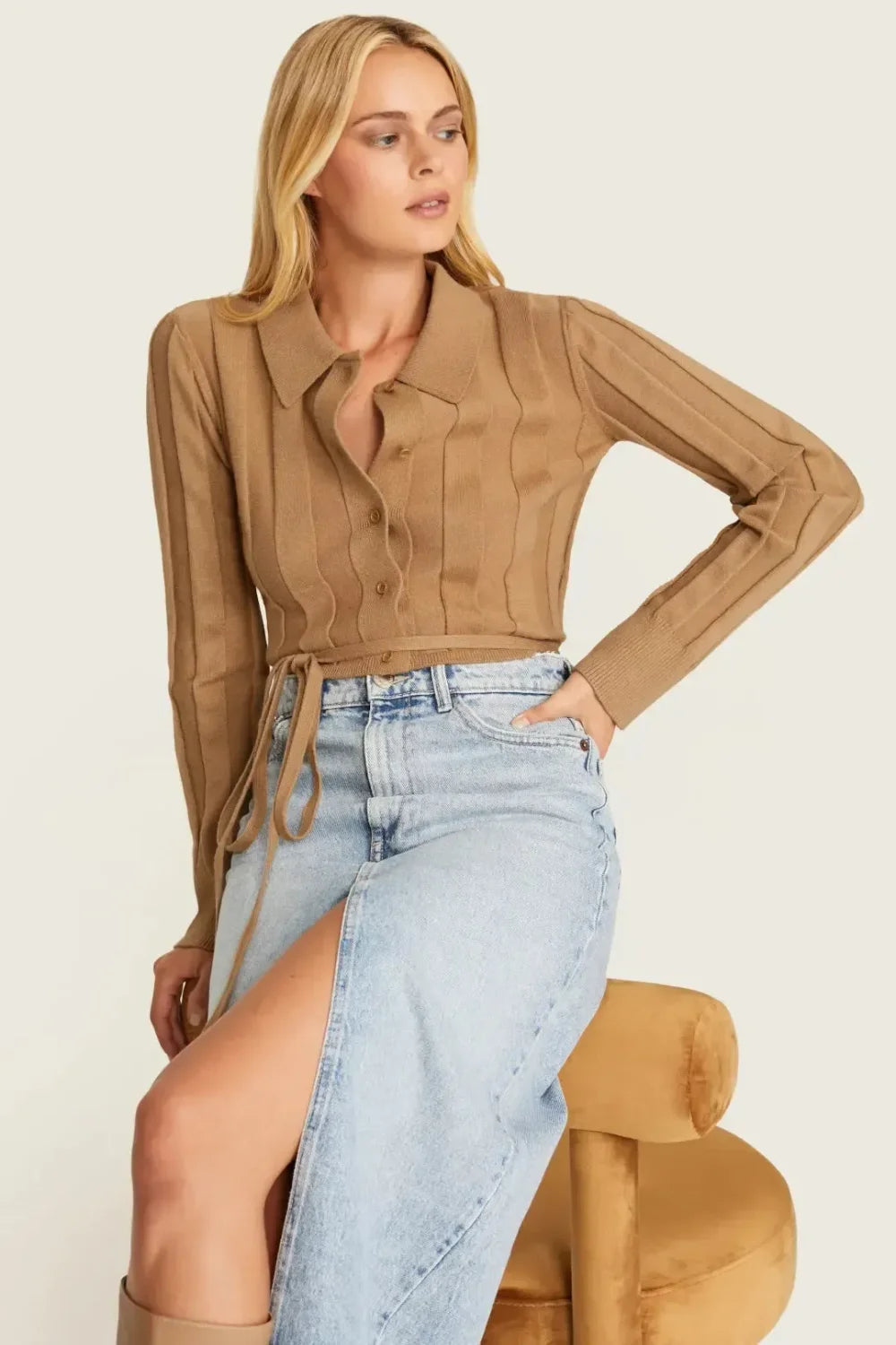 Waist Tie Button Up Sweater - Tan - Sweater