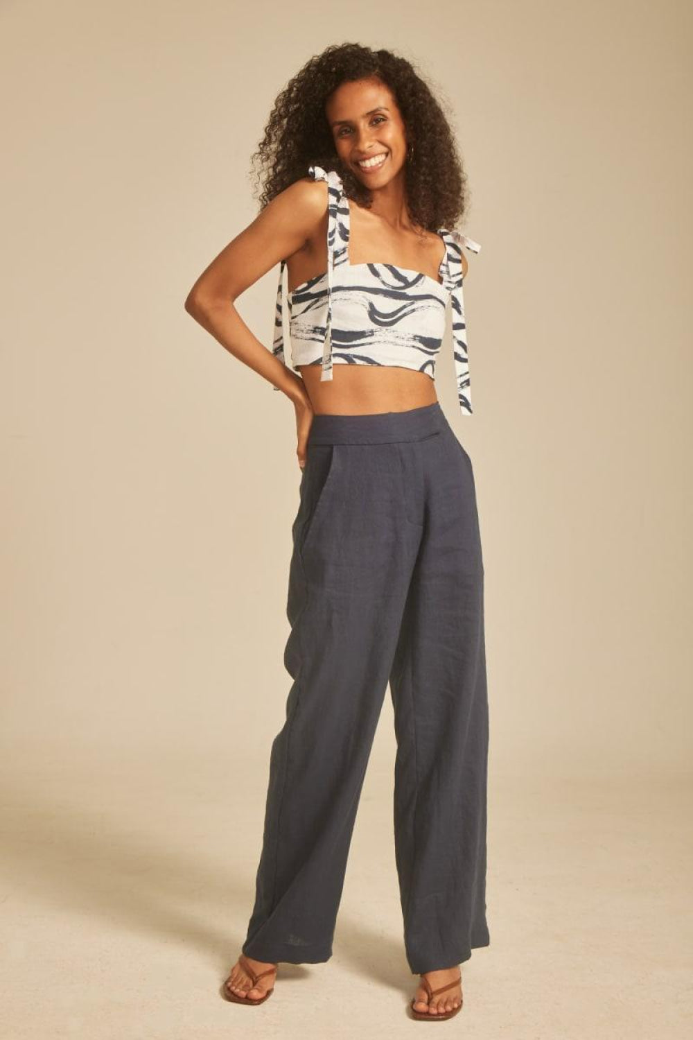 Wave Tie Shoulder Top - White/Navy - Shirt