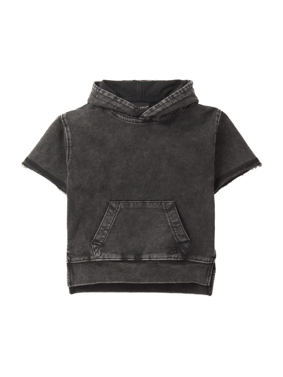 Imperfect Acid Wash Short Sleeve Hoodie - Black