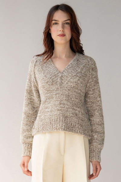 V Neck Boucle Pullover - Oatmeal