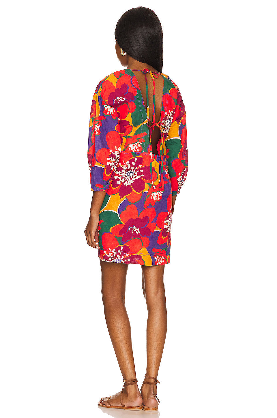 Floral Long Sleeve Open Back Mini Dress - Red Combo