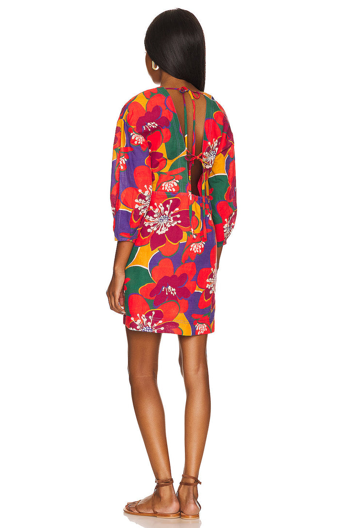 Floral Long Sleeve Open Back Mini Dress - Red Combo