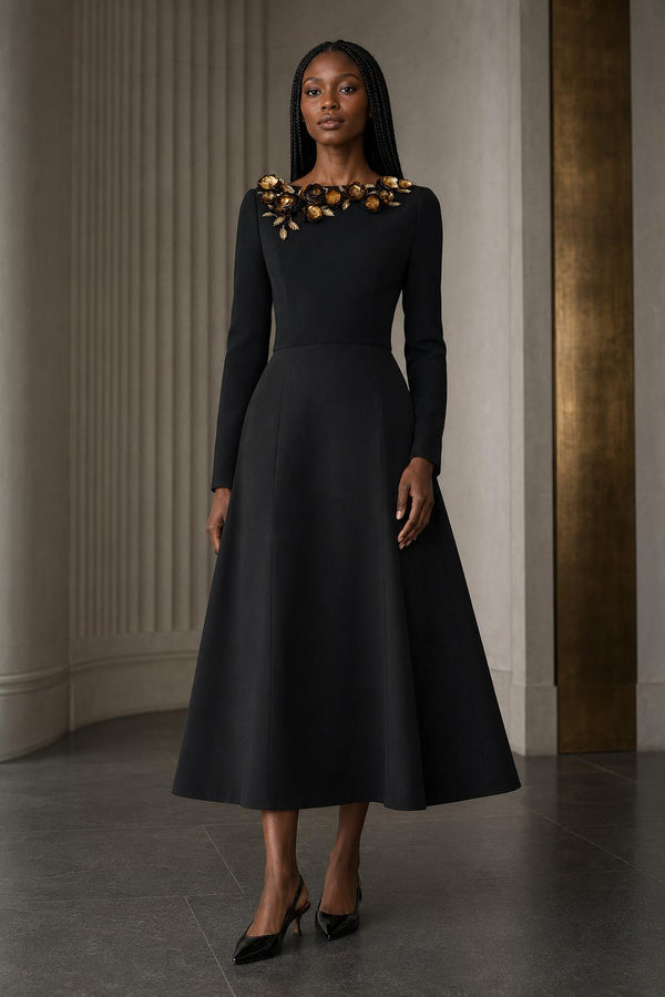 Floral-Embroidered Long Sleeve Midi Dress - Black Multicolor
