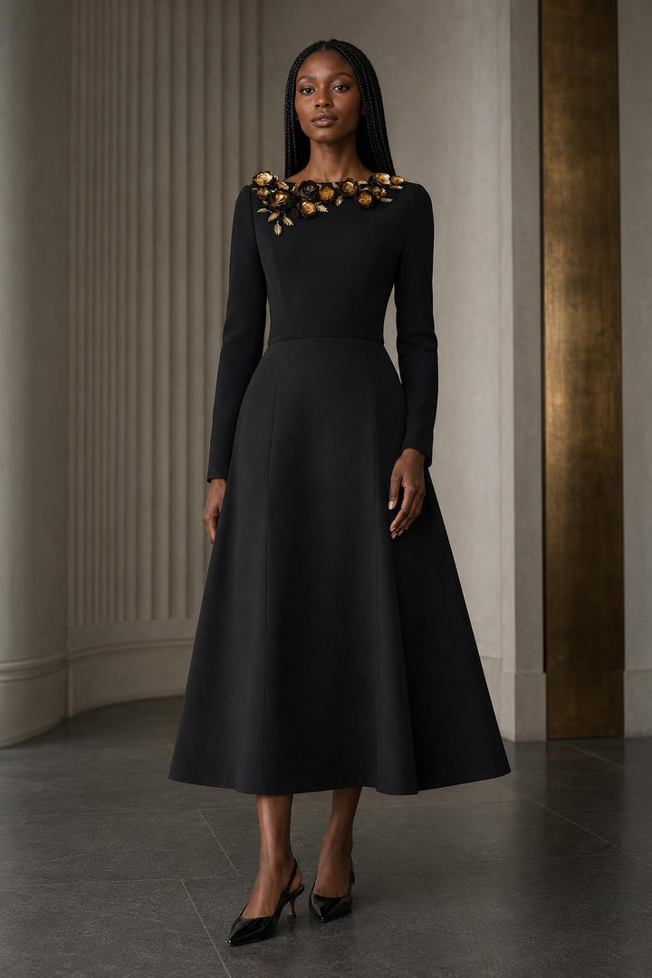 Floral-Embroidered Long Sleeve Midi Dress - Black Multicolor