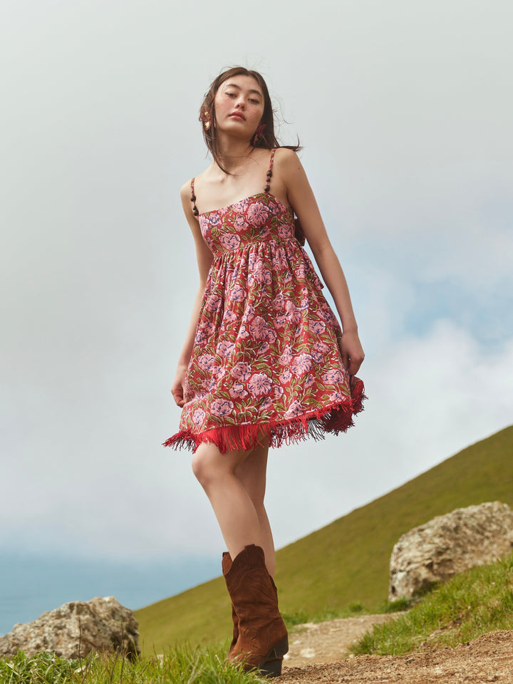 Gavin Fringe Mini Dress - Imperial Red/Blush Floral print