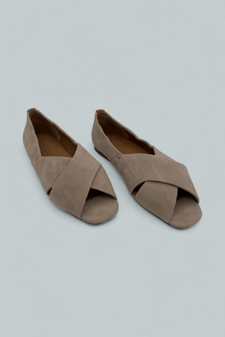 Whoebe Suede Criss-Cross Open Toe Flat - Mushroom Suede - 7 - Sandals