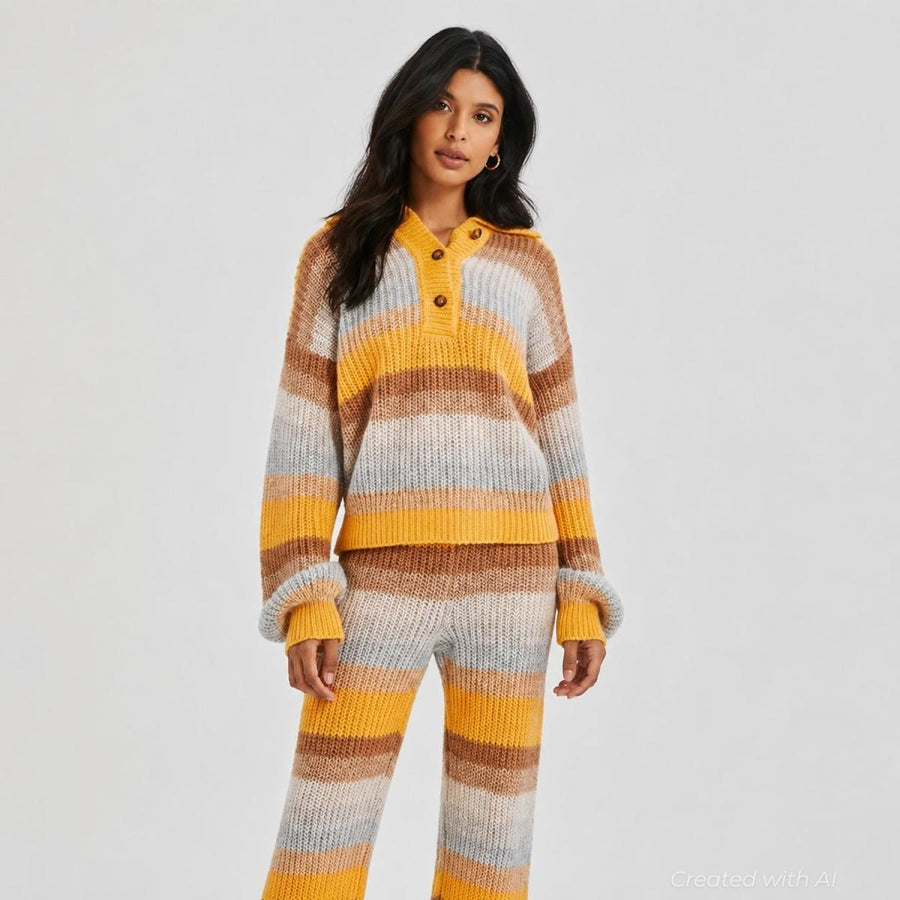 Wide Leg Striped Knitted Pants - Orange Combo - Pants