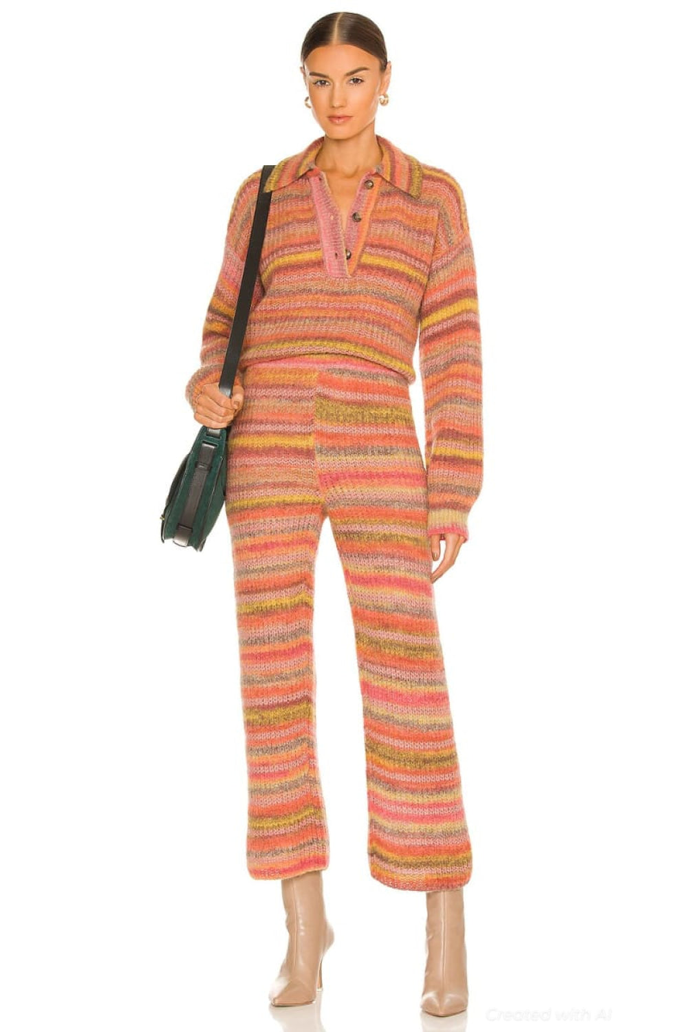 Wide Leg Striped Knitted Pants - Pink Combo - Pants