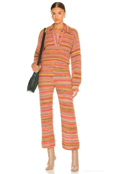 Wide Leg Striped Knitted Pants - Pink Combo - Pants