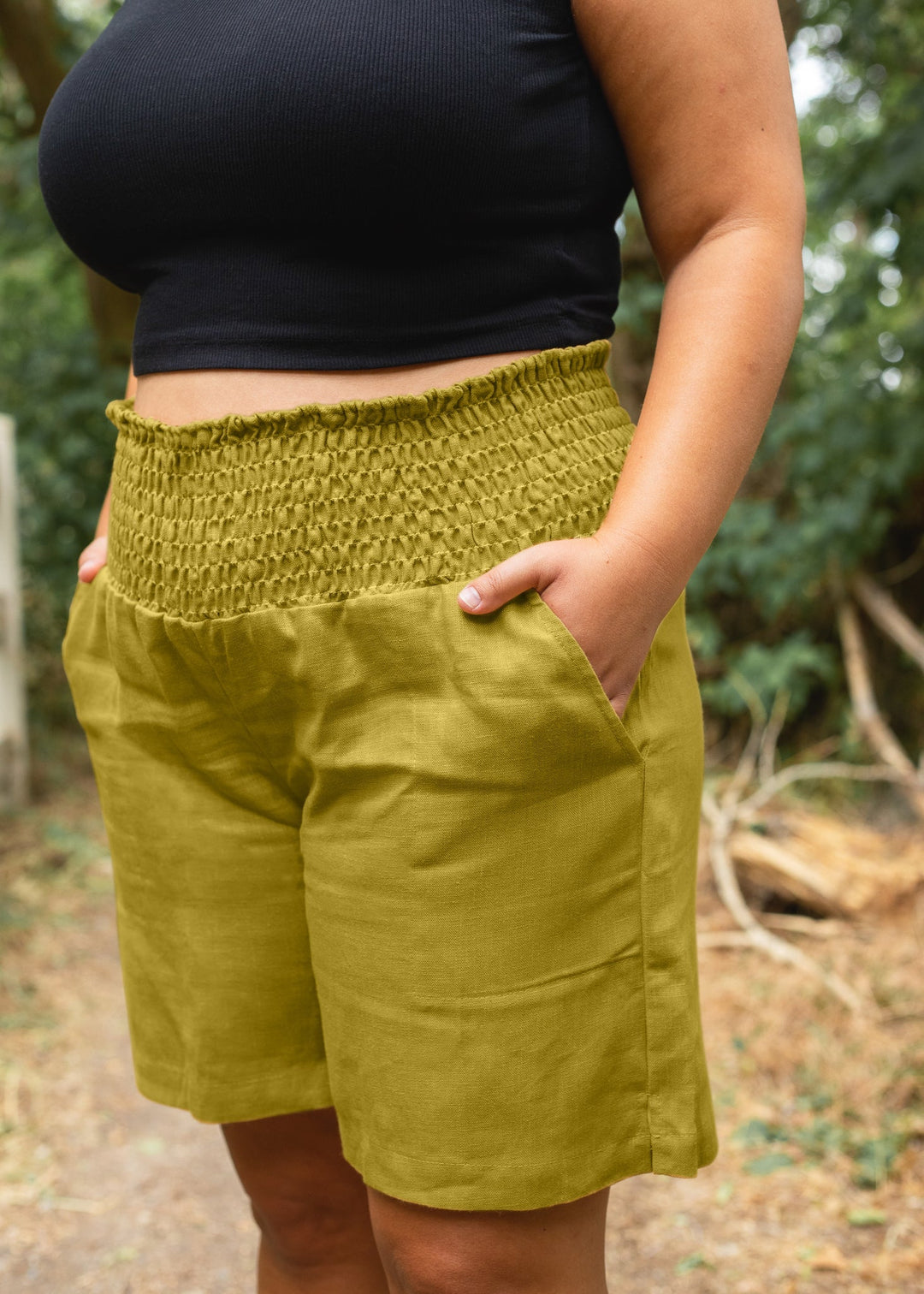 Adult Smocked Linen Transitional Shorts - Golden Olive