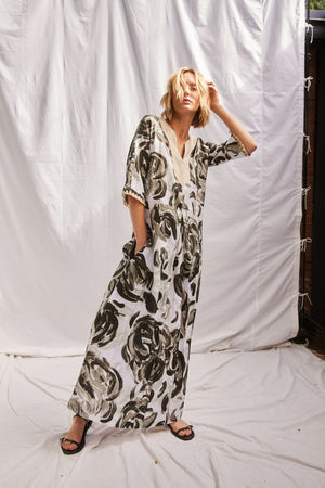 Painterly Flower Zsa Zsa Kaftan - Grey/White