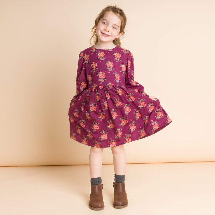 Girls' Long Sleeve Dress With Floral Motif - Purple & Red