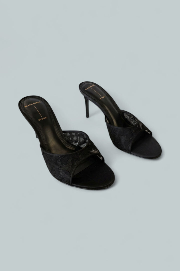 Women’s Angled Snip Toe Lace Mules - Black Lace - Mules