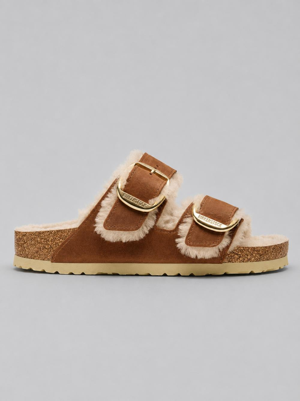 Women’s Big Buckle Arizona Shearling Slide Sandals - Cognac - 7 7.5 US / 38 EU - Sandal